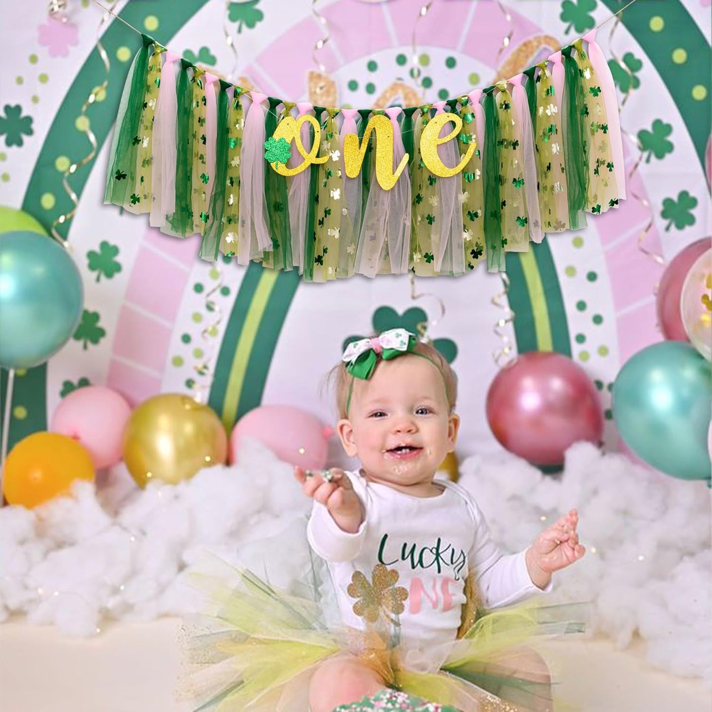 Lucky One 1st Birthday High chair Banner - St Patrick's Day Highchair Decoration, Shamrock First Birthday Party Deco, Clover Irish Highchair Tutu