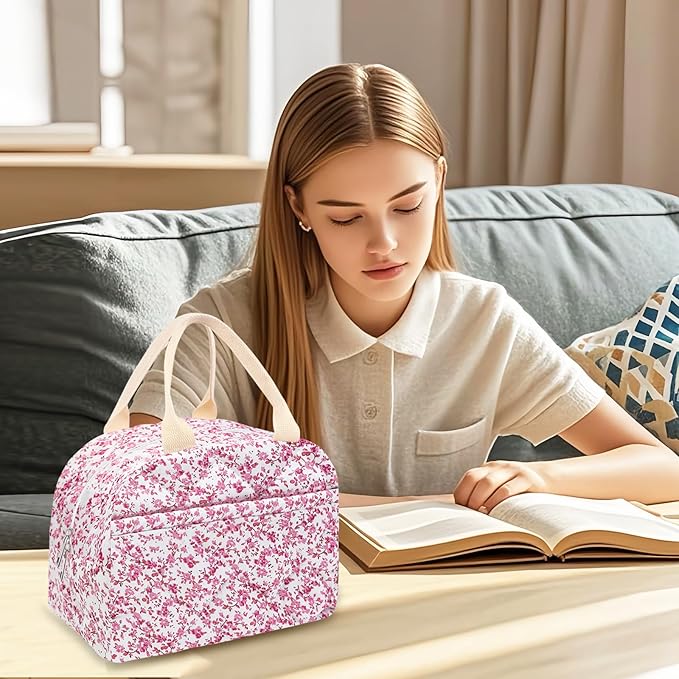 Cotton Quilted Insulated Lunch Bag, Cute Quilted Floral Lunch Tote Bags Reusable Insulated Lunch Box Coquette Aesthetic Large Capacity Insulated Cooler for Women Work Travel Picnic (Red)