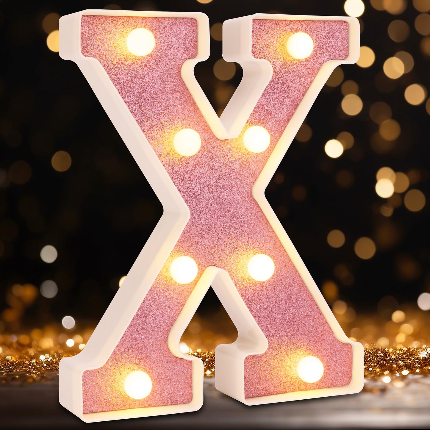 DyingSwan Small LED Marquee Letter Light, 8.58in Pink Glitter, Battery Powered Table Decor, Model Pink Light-X