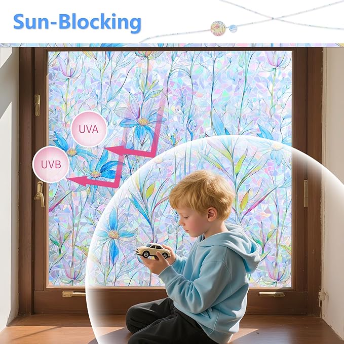 FINNEZ Window Privacy Film Stain Glass Film Flowers Rainbow Window Film Window Clings Non-Adhesive Reusable Decorative for Home（Blue Lotus，45.2 Inch x 13.1 Feet）