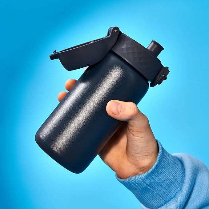 Ion8 Kids Water Bottle, Steel 400 ml/13 oz, Leak Proof, Easy to Open, Secure Lock, Dishwasher Safe, Hygienic Flip Cover, Carry Handle, Easy Clean, Durable, Scratch Resistant, Carbon Neutral, Navy Blue