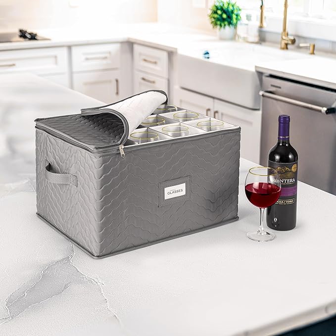 Sorbus Stemware Storage Chest - Deluxe Quilted Case with Dividers - Service for 12 - Great for Protecting or Transporting Wine Glasses, Champagne Flutes, Goblets, and more (Storage Glass - Gray)