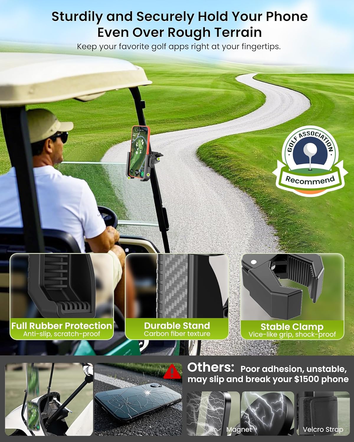 Golf Cart Phone Holder Mount - 3s Phone Clip Install, 1s Lock & Release，Phone Caddy for iPhone Galaxy & More Fits Yamaha Club Car EZGO Icon, Golf Cart Accessories Essentials Gift for Men Women