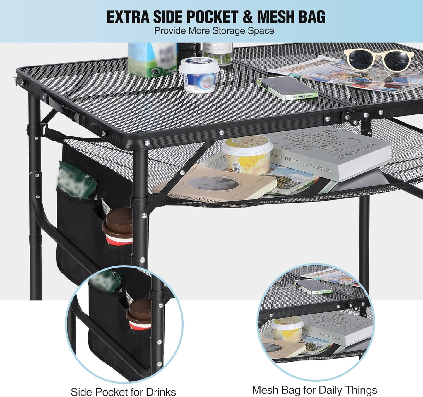 RedSwing Folding Grill Table,Aluminum Portable Grill Stand Table for Outdoor Camping Picnic BBQ Lightweight, Adjustable Height, 36''x24''x16/28'', Black