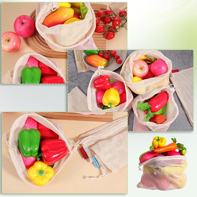 5 Pack Mesh Produce Bags, Reusable Produce Storage Bags Washable Eco Friendly Lightweight Storage Produces Bag Durable Double Stitched with Drawstring Reusable Food Storages Bag for Fruit Vegetable