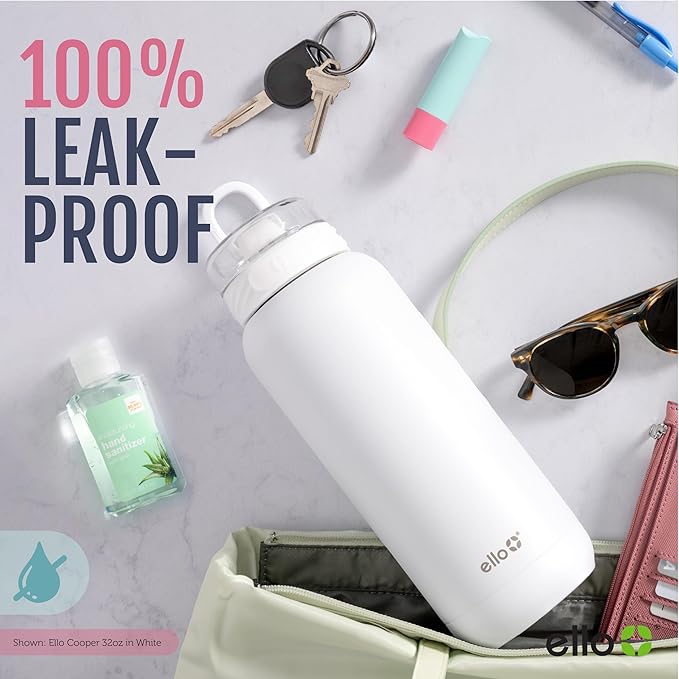 Ello Cooper 32oz Stainless Steel Water Bottle with Straw and Carry Handle, Double Walled and Vacuum Insulated Metal, Leak Proof Locking Lid with Soft Silicone Spout, Reusable, BPA Free, Yucca