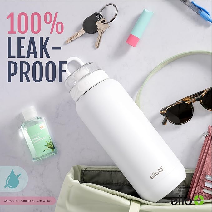 Ello Cooper 22oz Stainless Steel Water Bottle with Straw and Carry Handle, Double Walled and Vacuum Insulated Metal, Leak Proof Locking Lid with Soft Silicone Spout, Reusable, BPA Free, Lemonade
