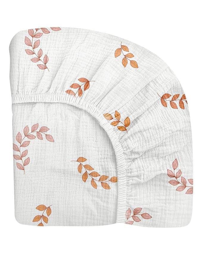 Pack and Play Sheets for Baby Boys and Girls 39"x27"x3", Neutral Muslin Cotton Pack N Play Mattresses Sheet with Boho Style, Soft and Breathable Comfort (Leaf)