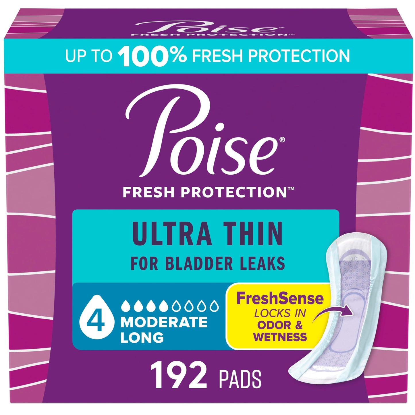 Poise Ultra Thin Incontinence Pads & Postpartum Pads for Bladder Leaks, 4 Drop Moderate Absorbency, Long Length, 192 Count (4 Packs of 48), Packaging May Vary