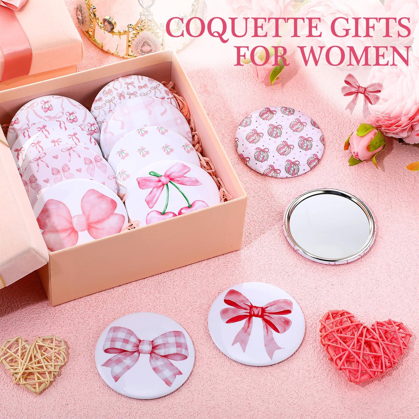 Cinnvoice 12 Pcs Coquette Aesthetic Compact Mirror Bulk Bow Travel Makeup Pocket Purse Mini Mirror for Women Wedding Bridal Show