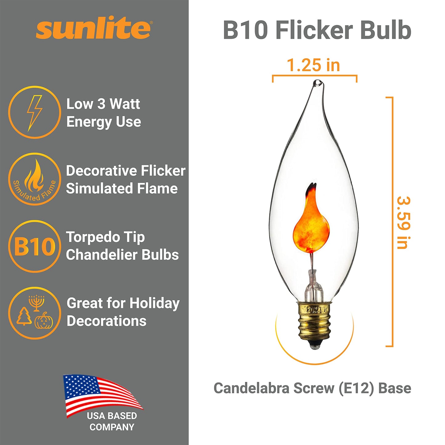 Sunlite Flame Tip Halloween Incandescent Bulbs, Candelabra Base E12, 25 Pack, Orange, Model 40105, Glass