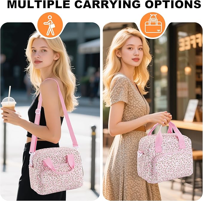 Large Lunch Bag for Women Insulated Lunch Box Reusable Cooler Bag Portable Cute Corduroy Leakproof Tote Bags for Travel, Work, and Picnic, Pink Flower