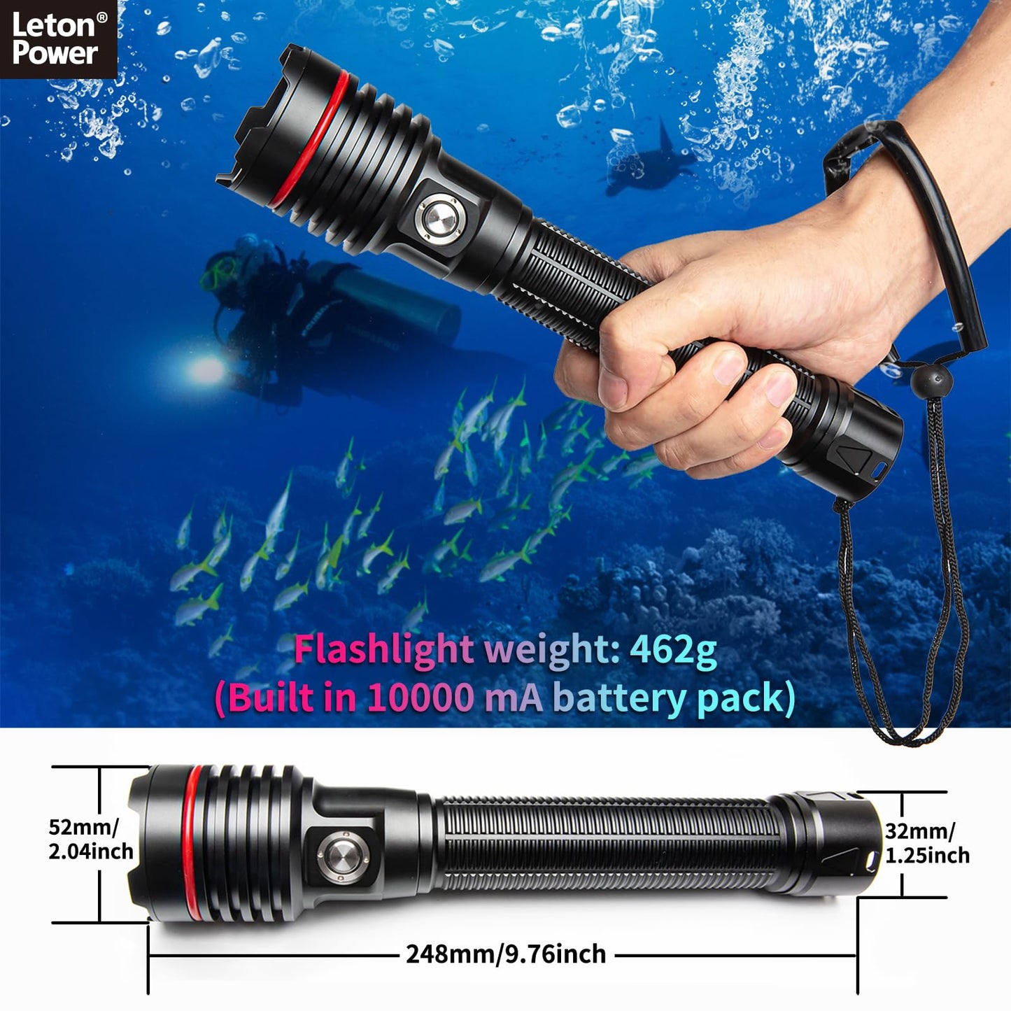 LetonPower Diving Flashlight, SM-26S, 5000 Lumens, 100m Waterproof, Aluminum, Standard Size, Type-C Charging