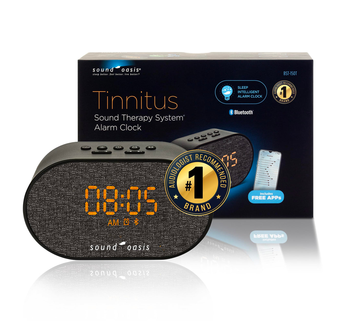Sound Oasis® Bluetooth Tinnitus Sound Therapy System® Alarm Clock - Sleep Better, Manage and Mask Tinnitus, 30 Built-in Sounds for Tinnitus Relief, Sleep-Friendly Lighting, Travel Friendly (BST-150T)
