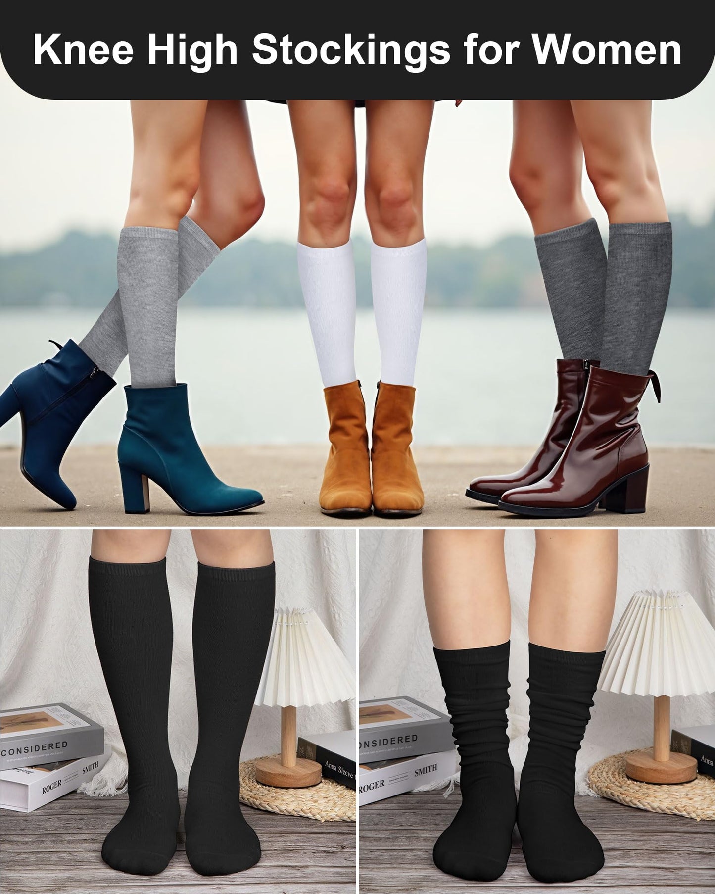 Senker Fashion Knee High Socks for Women, Cotton White Long Tube Sock Black Stockings Striped for Boot Outdoor Sport