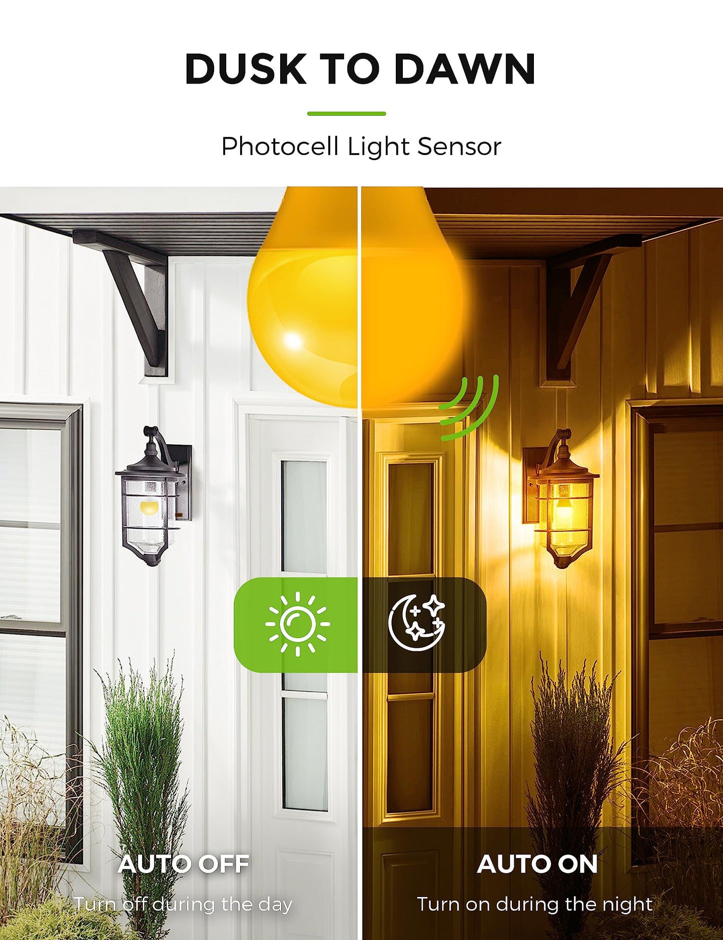 L LOHAS LED Amber Porch Light Bulbs, 6W Dusk to Dawn Sensor, 2000K, E26, 4 Pack, Yellow, Model LH-QW-E26-500