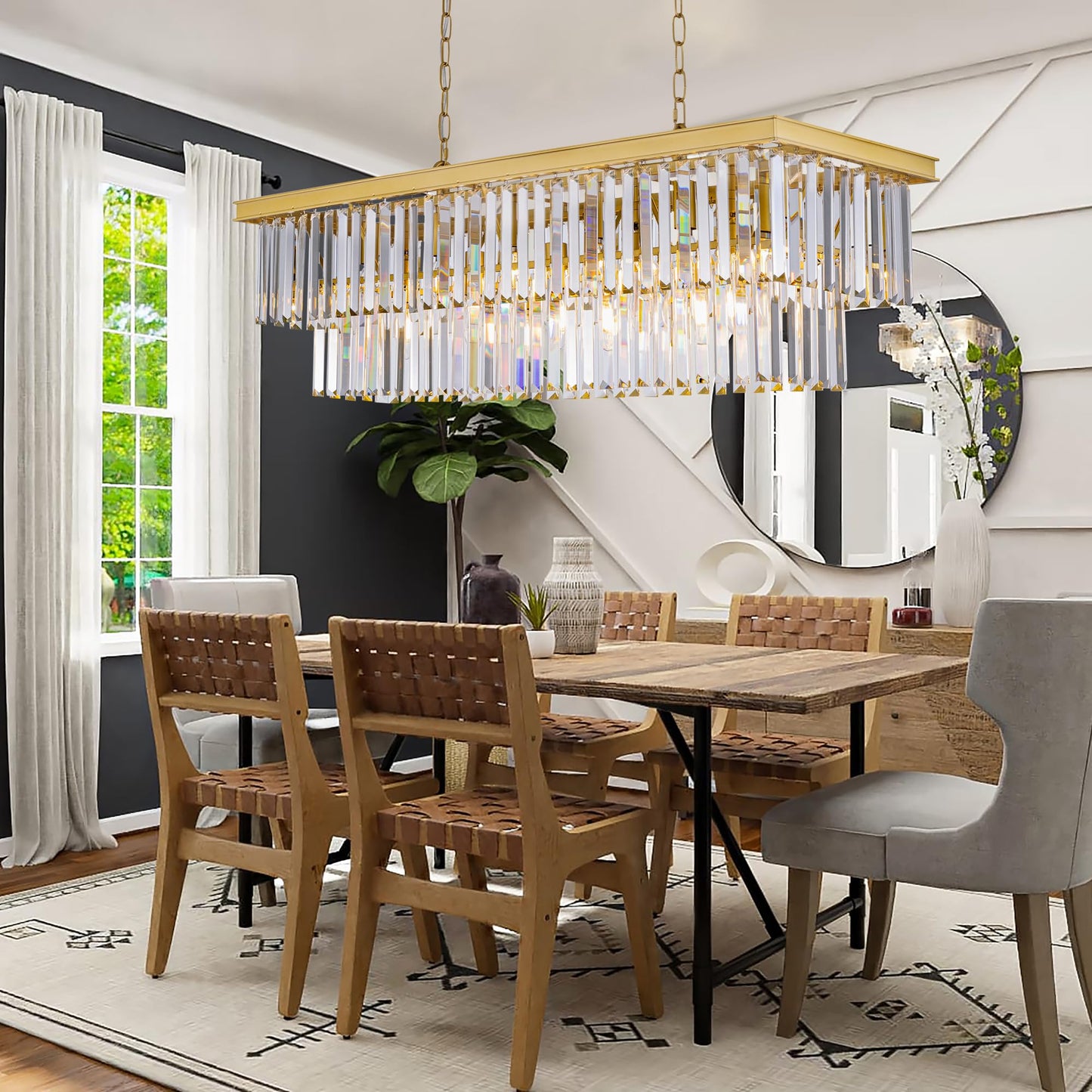 Wellmet Black Chandelier 40 Inch  11-Light Modern Rectangular Crystal Chandelier Ceiling Hanging  Linear Chandeliers Light Fixture For Living Room  Dining Room  Bedroom  Kitchen Island