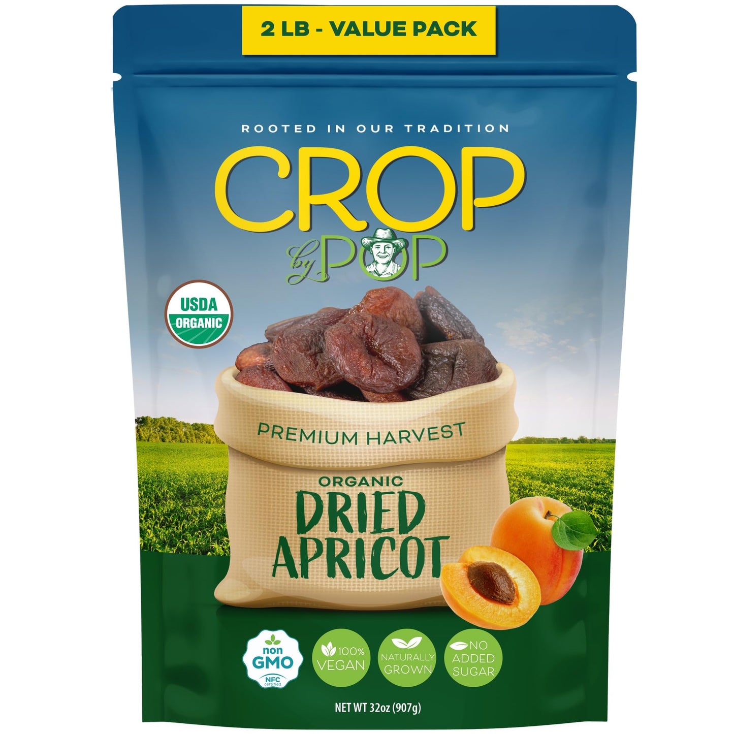 Crop By Pop - Organic Sun Dried Apricots, No Sugar Added, Unsulphured (32Oz, 2 Lb) Sweet Healthy Snack, Usda Organic, Non Gmo, V
