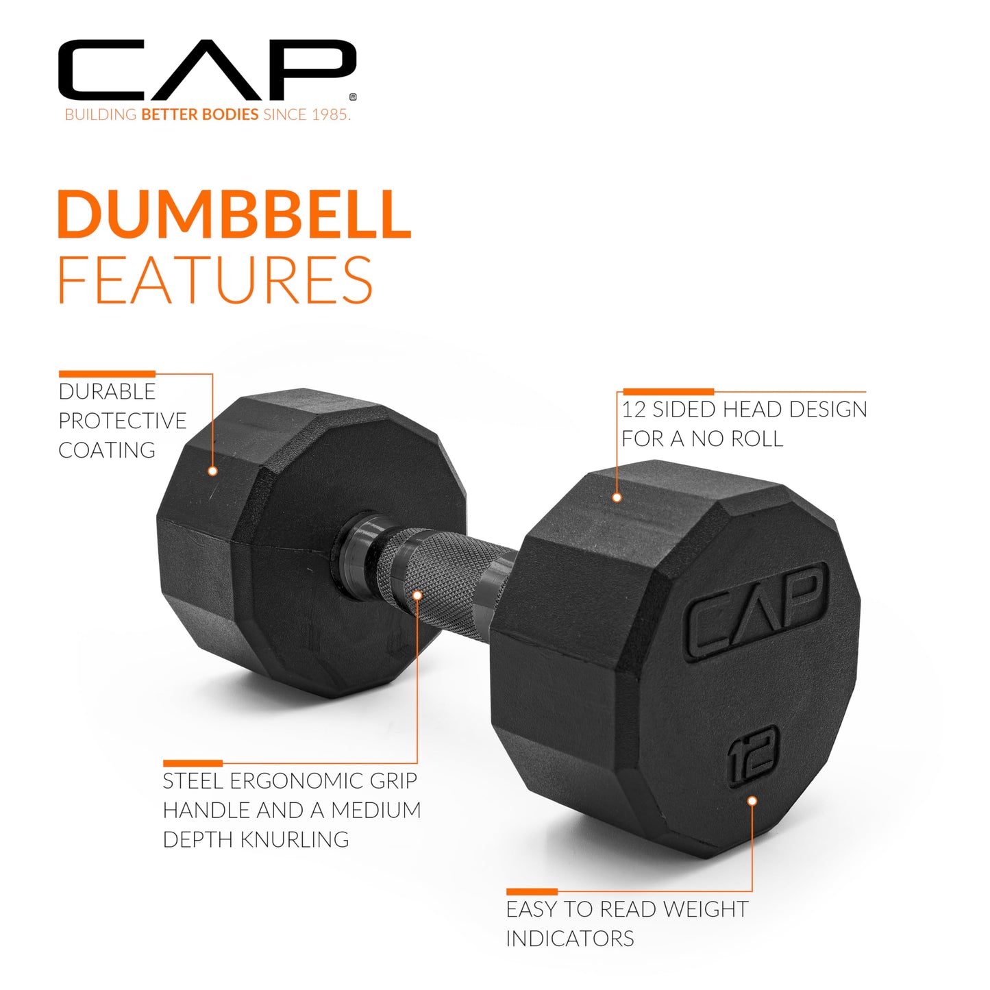 CAP Barbell 12-Sided Coated Dumbbell with Black Handle, Single, 12 LB
