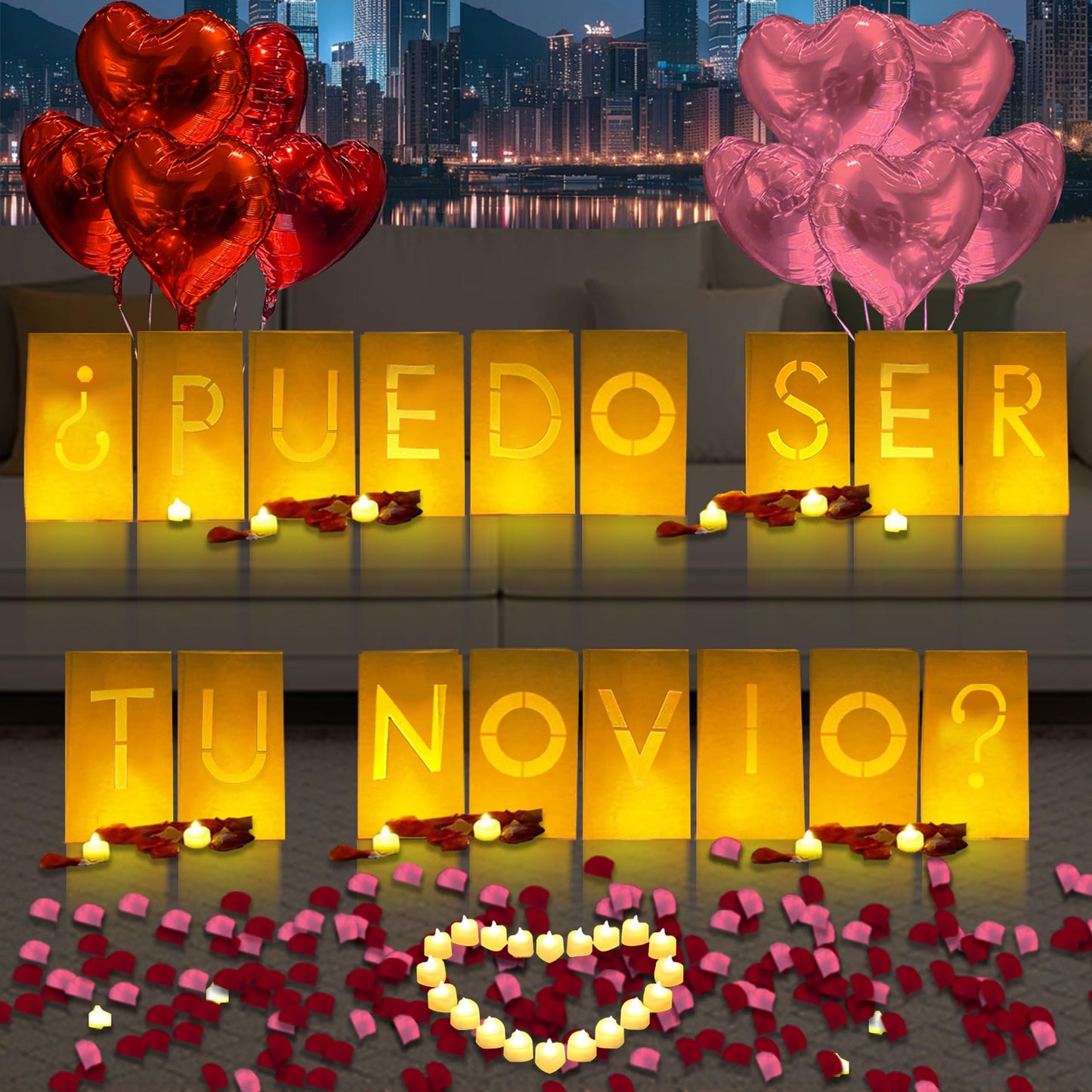 Puedo Ser Tu Novio? Lighted Letters Sign 17Pcs Luminary Paper Bags 2200Pcs Red Pink Artificial Rose Petals 48Pcs Flameless Led Candle Tealight 15Pcs Heart Balloons Romantic Night ValentineS Day