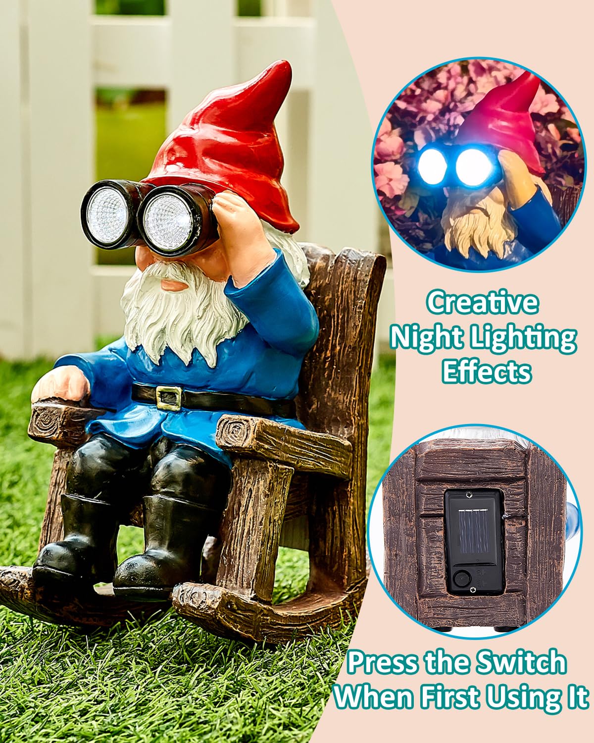 Galotrek Solar Garden Gnome Statues Resin Gnome Figurines Sitting On Rocking Chair Outdoor Telescope Gnome Gifts For Yard  Patio Decor Gift
