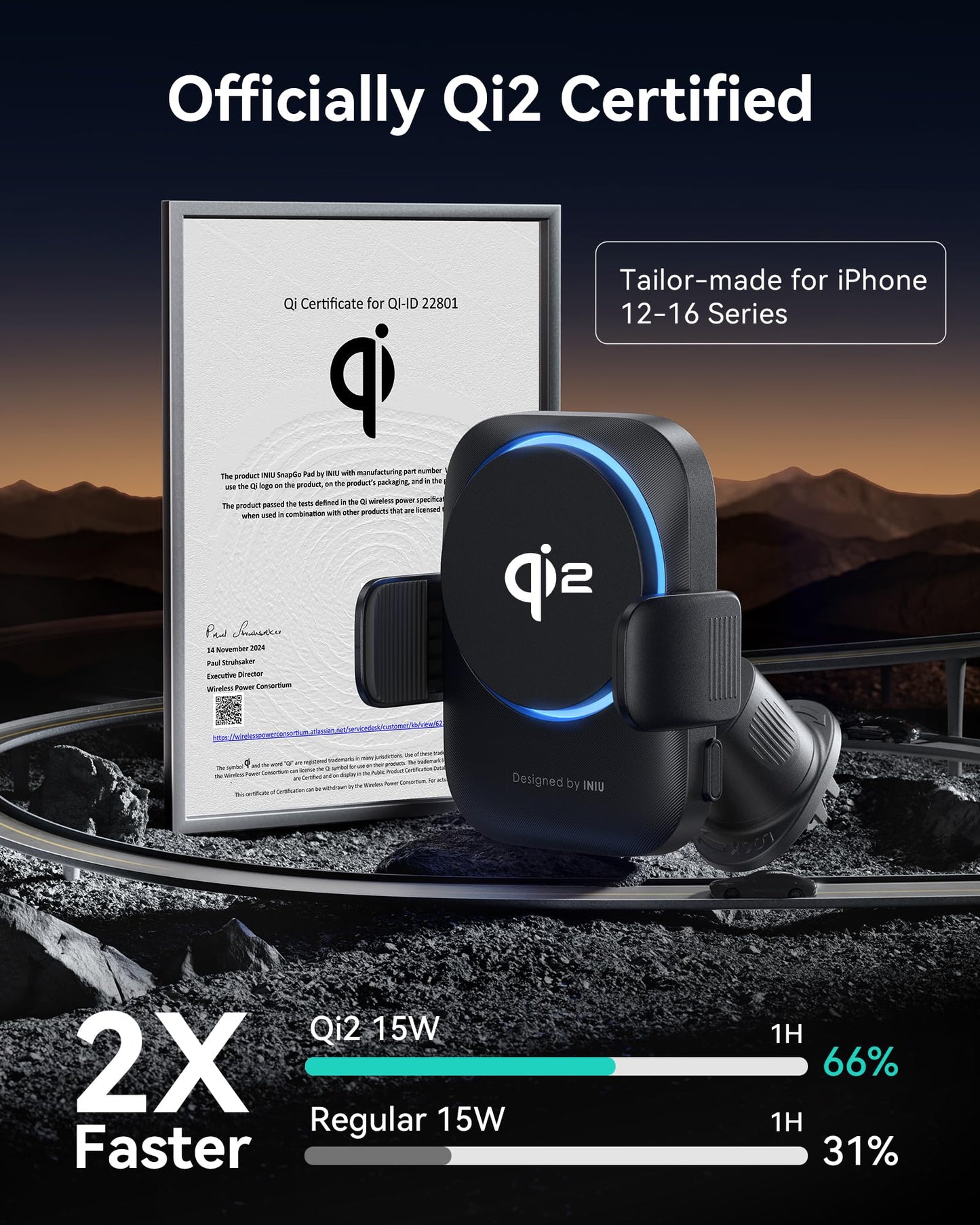 Iniu Qi2 Certified 15W Car Phone Holder Wireless Charger, Ultra-Stable 22N For Magsafe Car Mount Charger With Cooling Fins & Rgb
