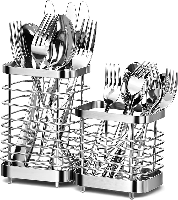 Utensil Holder, Stainless Steel Utensil Drying Rack for Kitchen Counter, Silverware Cutlery Flatware Holder Forks, Knives, Spoons, Chopsticks Organizer (Silver, Tall & Short)