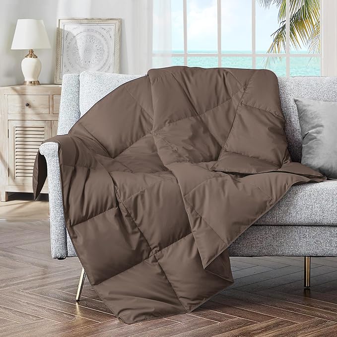 puredown® Soft Feather Down Throw Blanket Lightweight Packable Couch Throw for Indoor and Outdoor Use, 50"X70", Chocolate