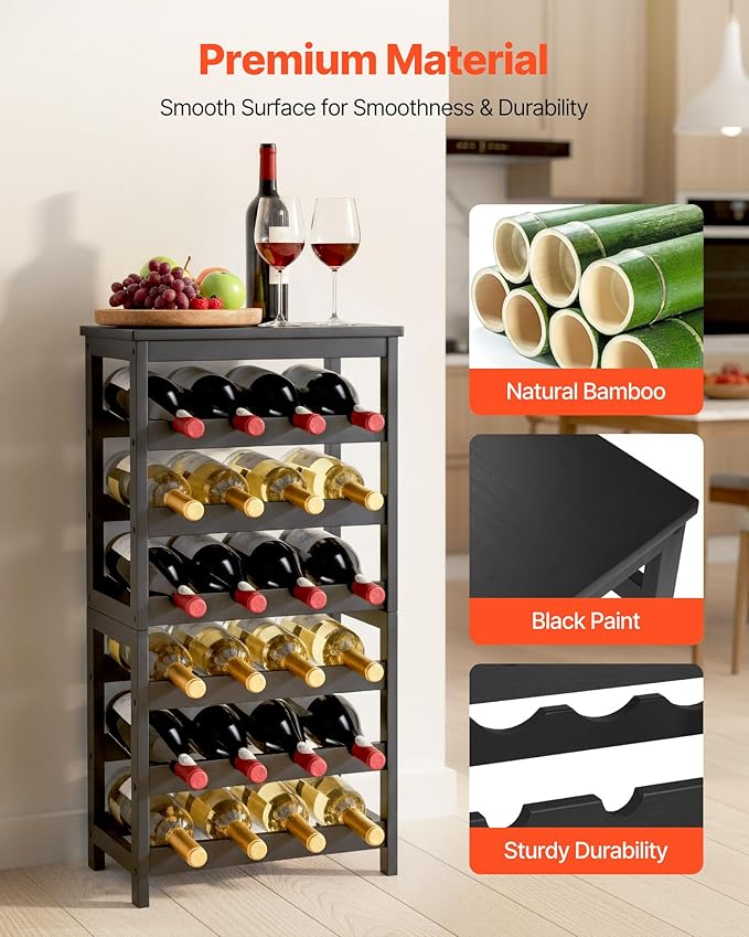 VEVOR 24 Bottle Wine Rack, 6-Tier, Freestanding Floor Display Wine Storage Shelves with Table Top, Easy Assembly Rack Shelf, Premium Material, for Kitchen Cellar Bar Dining Room Living Room, Black
