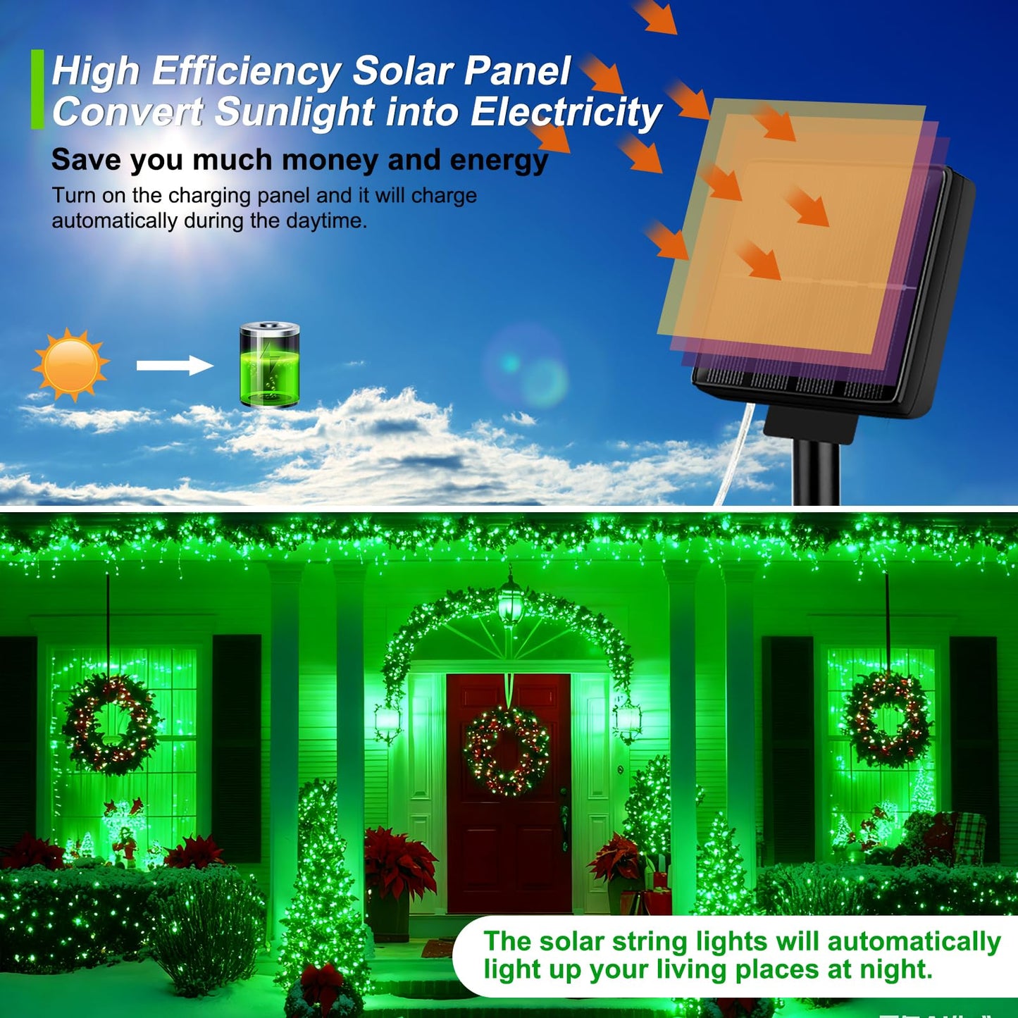 Brightever Outdoor Solar String Lights Waterproof  2-Pack Total 80Ft 200Led Solar Fairy Lights For Outside With 8 Lighting Modes  Solar Twinkle Lights For Yard  Christmas  Party (Green)