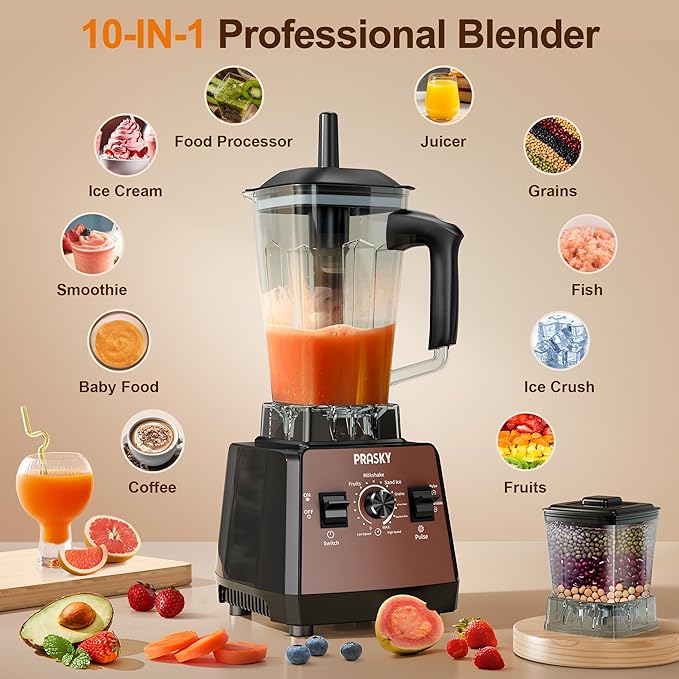 Blender, Smoothie Blenders, PRASKY Max.2400Watts/1000Watts Kitchen Blender and Grinder Combo 25000RPM Powerful Kitchen 68oz BPA Free 2 Containers Countertop Blenders Ice Crushing (Brown)