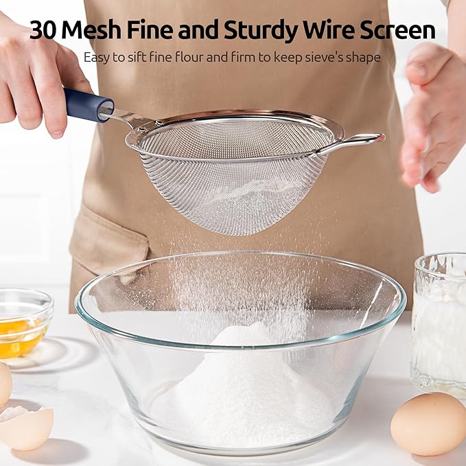 U-Taste Fine Mesh Food Strainer: 18/8 Stainless Steel 30 Mesh Kitchen Sieve with Sturdy Riveted Silicone Handle, Heavy Duty Deep Handheld Metal Colander (Small/3.35in+Medium/4.73, Midnight Blue)