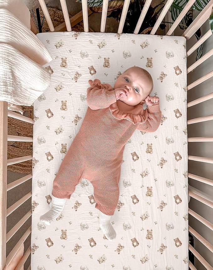 Crib Sheets for Baby Boy Girl 2 Pack, Fitted Crib Mattress Sheet 28" x 52", Muslin Toddler Bedding with Neutral Style, Nursery Bedding Essentials (Teddy & Friends)