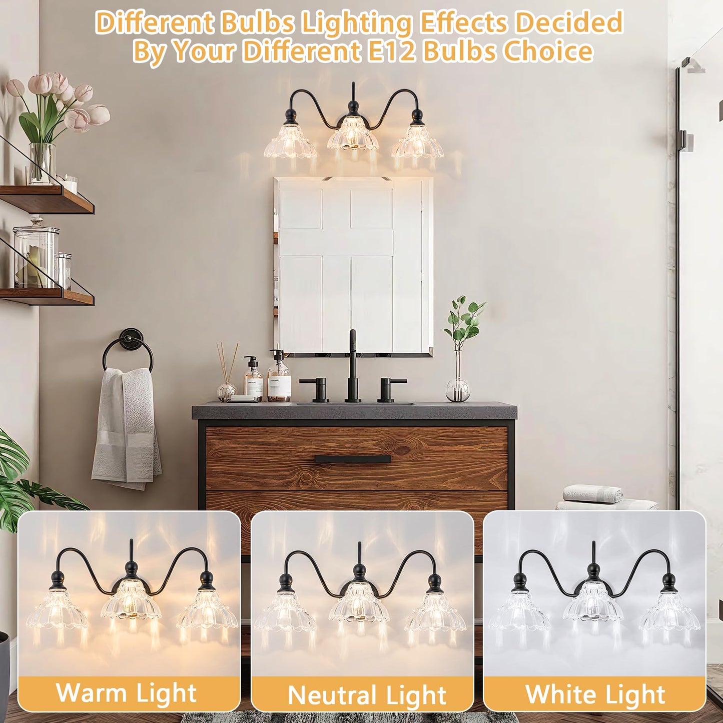 Brknit Vintage Bathroom Light Fixtures Over Mirror  3-Light Black Wall Sconce Lighting With Flower Glass Shade  Farmhouse Vanity Lights For Bedroom Kitchen Living Room Hallway Light