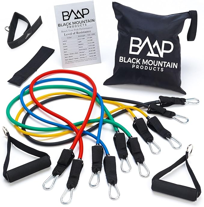 Black Mountain Products Resistance Band Set with Door Anchor, Ankle Strap, Exercise Chart, and Carrying Case, 48"