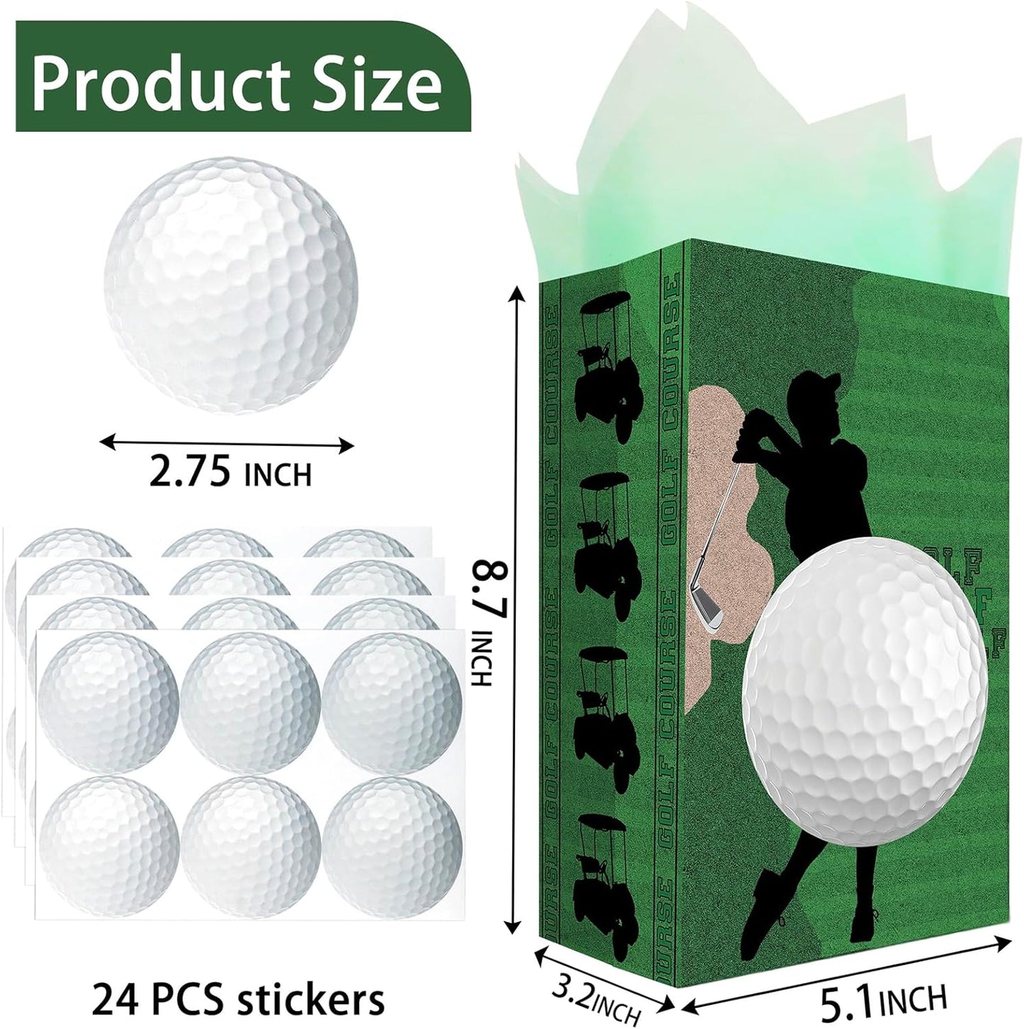 Golf Party Favor Bags – 24 Pcs Golf Gift Bags with 5 Designs, Paper Goodie Bags for Sports Theme Birthday Party Decorations and Golf Event Supplies
