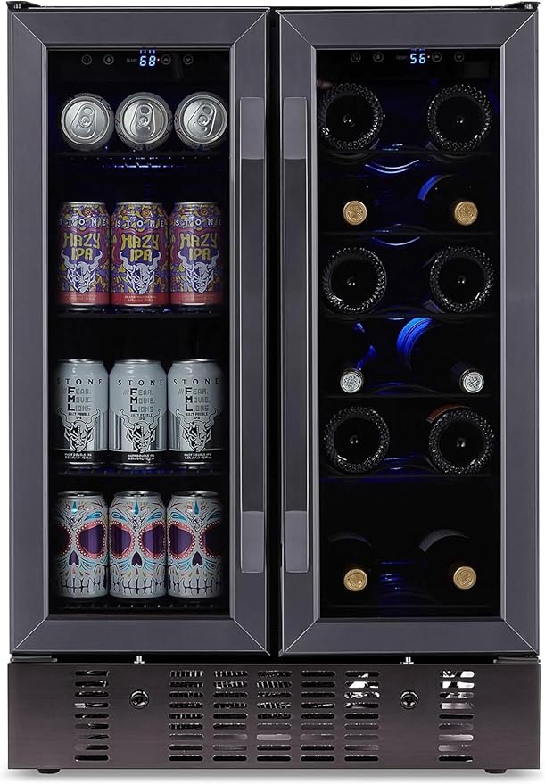 NewAir 24" Dual Zone Wine and Beverage Refrigerator, 18 Bottle & 58 Can, French Door Built-In Fridge with Lock, Black Stainless Steel Cooler, Digital Thermostat, Adjustable Shelves