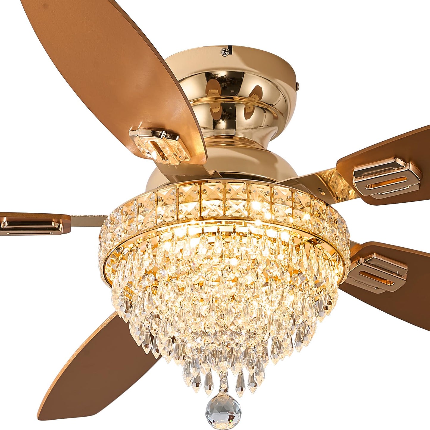 Fanyank Crystal Ceiling Fan Fandelier with Lights, 50in Flush Mount, Gold, Iron, Remote Control, Reversible, Dimmable, Noiseless