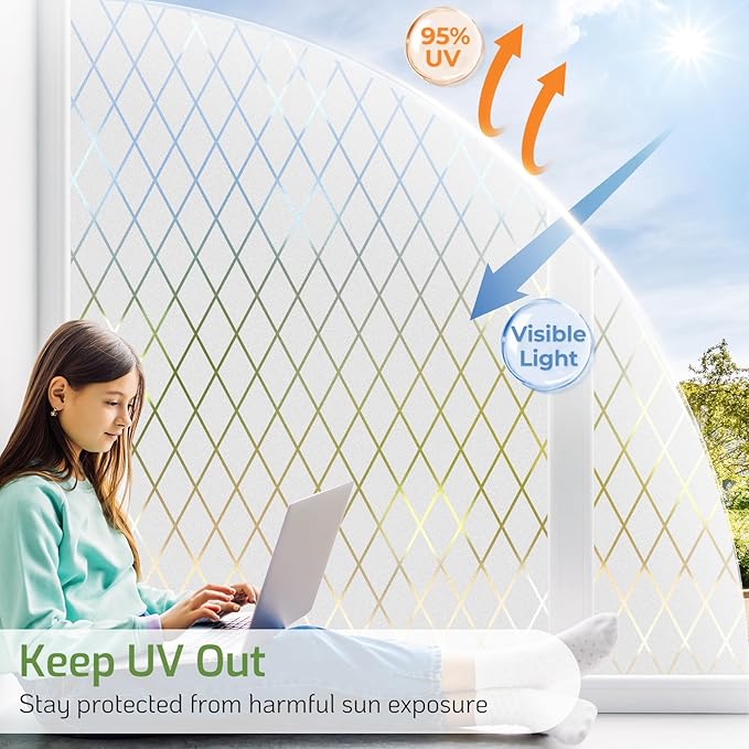 LUTE Frosted Window Privacy Film, Static Cling UV Sun Blocking Heat Control Window Cover, Removable Non-Adhesive Glass Sticker Vinyl Decorative Frosting Decals for Home Office, Lattice, 17.5" x 157.4"