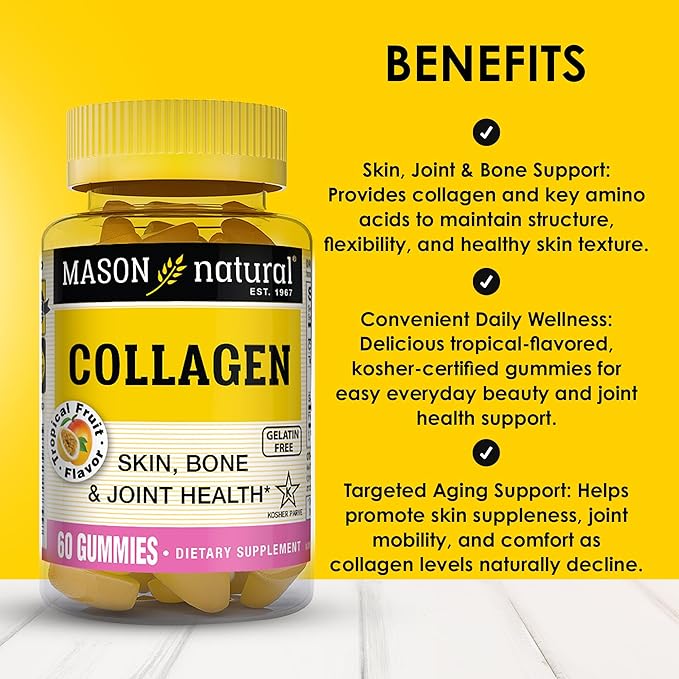 MASON NATURAL Collagen Gummies, Supports Healthy Skin, Bones & Joints, Tropical Flavor, Kosher, 60 Gummies