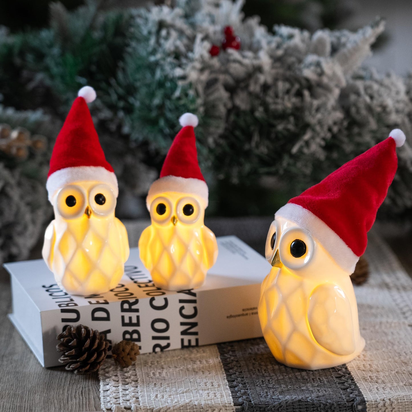 Nerosun Christmas Lighted Owl Figurines  3 Pack Ceramic White Light Up Led Owl Family Ornaments Table Centerpiece  Christmas Decorations For Tabletop Mantel Fireplace Cabinet Indoor Xmas Decor Gift