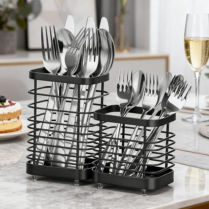 Utensil Holder, Stainless Steel Utensil Drying Rack for Kitchen Counter, Silverware Cutlery Flatware Holder Forks, Knives, Spoons, Chopsticks Organizer (Black, Tall & Short)