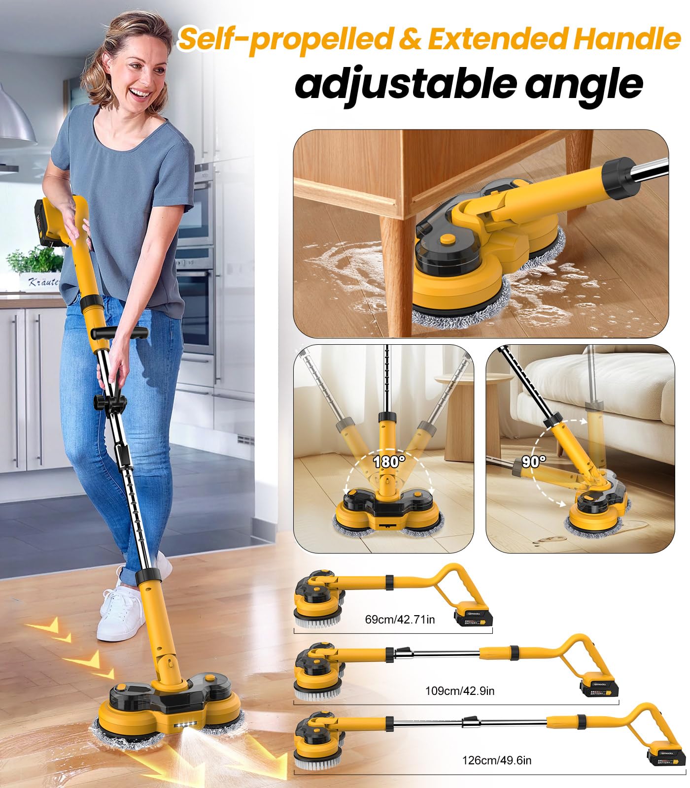 qimedo 6000mAh Battery Cordless Electric Mop M1 Pro, 800RPM Electric Power Scrubber & Mops for Floor Cleaning, Automatic Spin Mops with Smart Display,Rotating Mop with LED Light & Water Spray