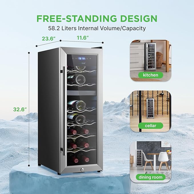 Nutrichef 18 Bottle Wine Fridge | Dual Zone Wine Chiller | Adjustable Temperature 41°F to 64°F | Ultra Quiet Operation | Wine Cooler For Home & Office | Free Standing 32x11x23 IN (Black)