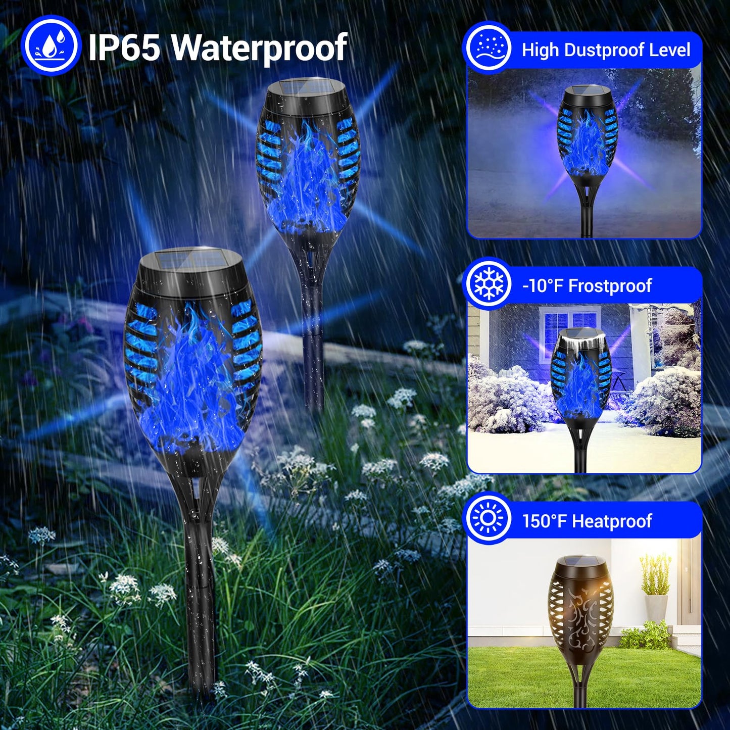 AOUNQ Solar Torch Lights, 10 Pack Blue Flickering Flame, Waterproof Outdoor Garden Decor, Model c34aaa17-3634-44fd-891a-3ebb0e47410