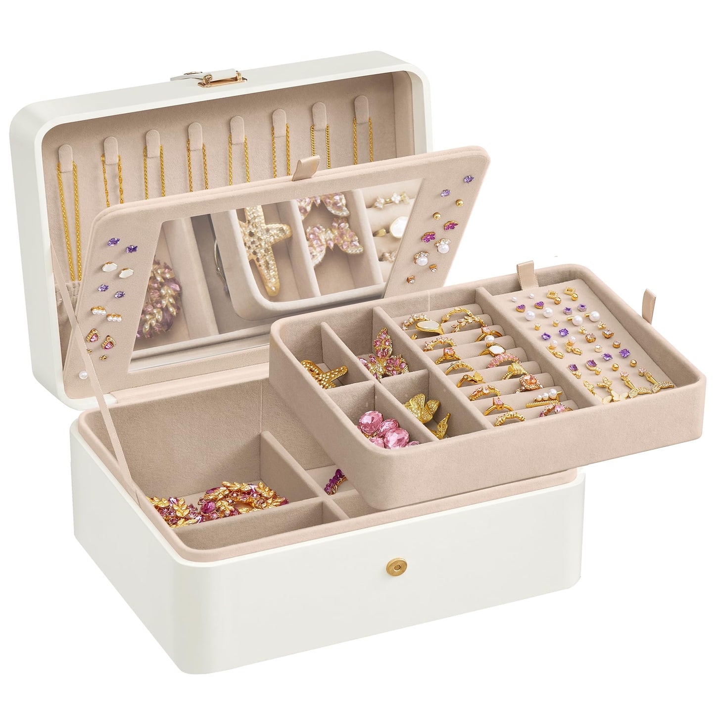 SONGMICS Jewelry Box with Mirror, 2-Layer Jewelry Holder Organizer, Travel Jewelry Case, Removable Jewelry Tray, 6.9 x 8.7 x 4.3