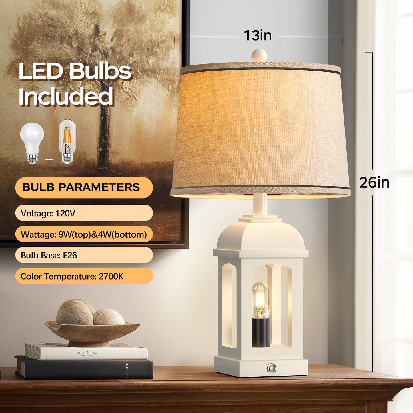 QiMH Table Lamp, Rustic Nightstand Lamp with 3-Way Dimmable Touch Control, USB A+C, 26in White, 1 Pack, Model STR-DL-0192