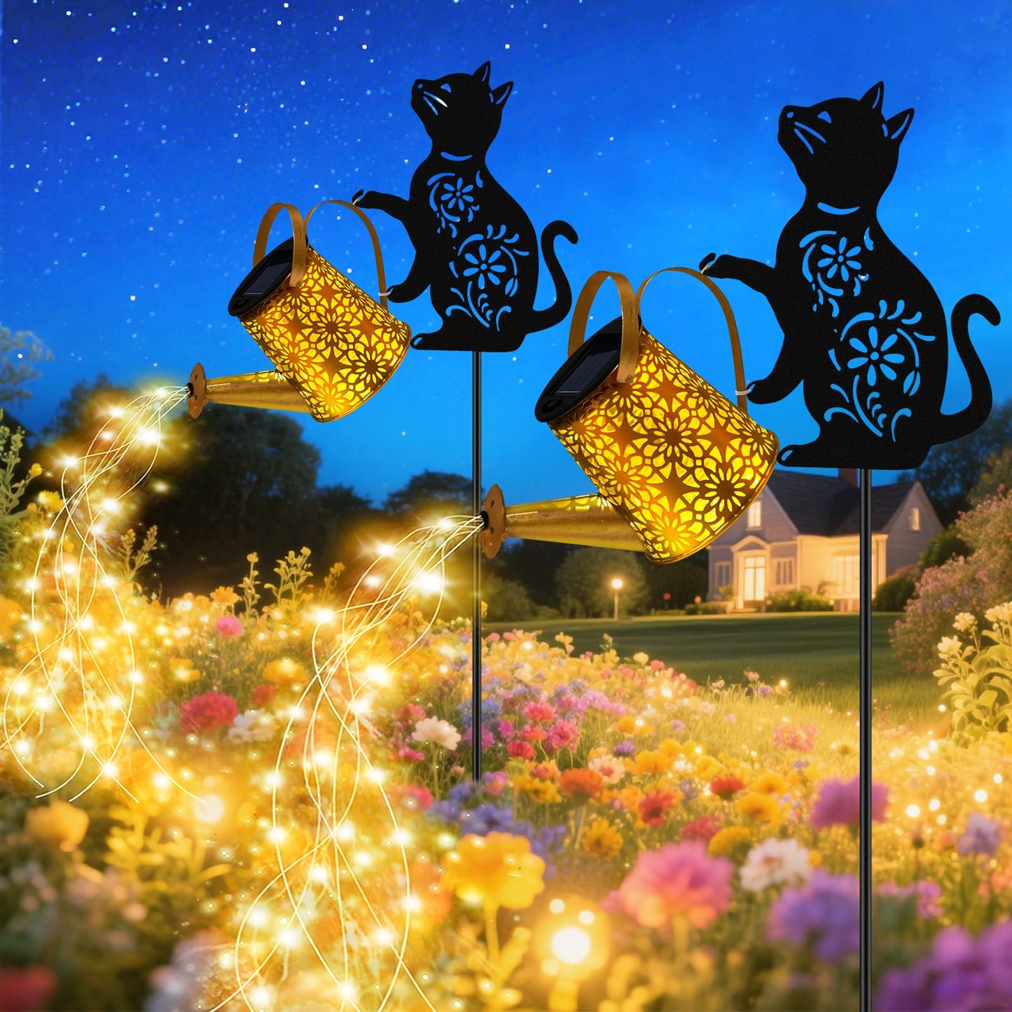 Solar Lights Outdoor  2 Pack Black Cat Solar Watering Can Lights  Birthday Gifts For Women Mom Cat Lover MotherS Day Christmas  Waterproof Hanging Lantern Garden Decor Outside Patio Yard Pathway