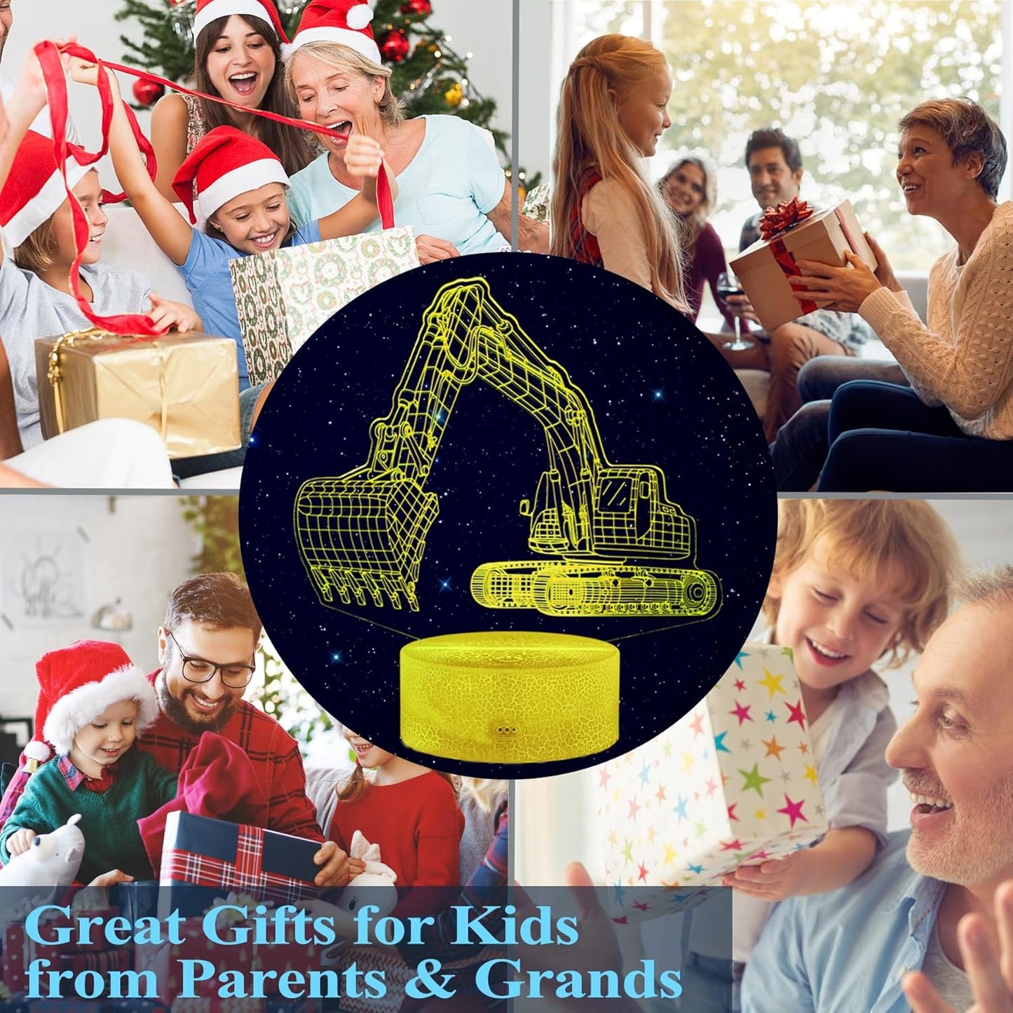 Excavator 3D Illusion Lamp for Kids, Excavator Night Light, Construction Vehicle Gifts with RGB 16 Colors Changing, Remote Control, Dimmable, Kids Room Decoration, Xmas Gifts