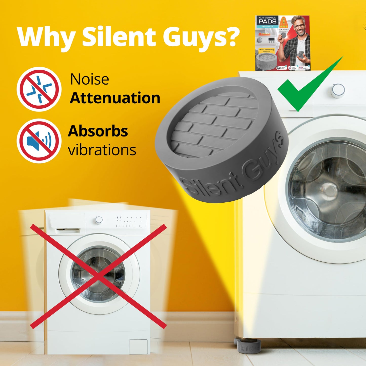 Silent Guys Anti Vibration Pads for Washing Machine (4 Pack) – Heavy Duty Washing Machine Anti-Vibration Pads, Universal Washer Feet, Grey Anti Vibration Mat